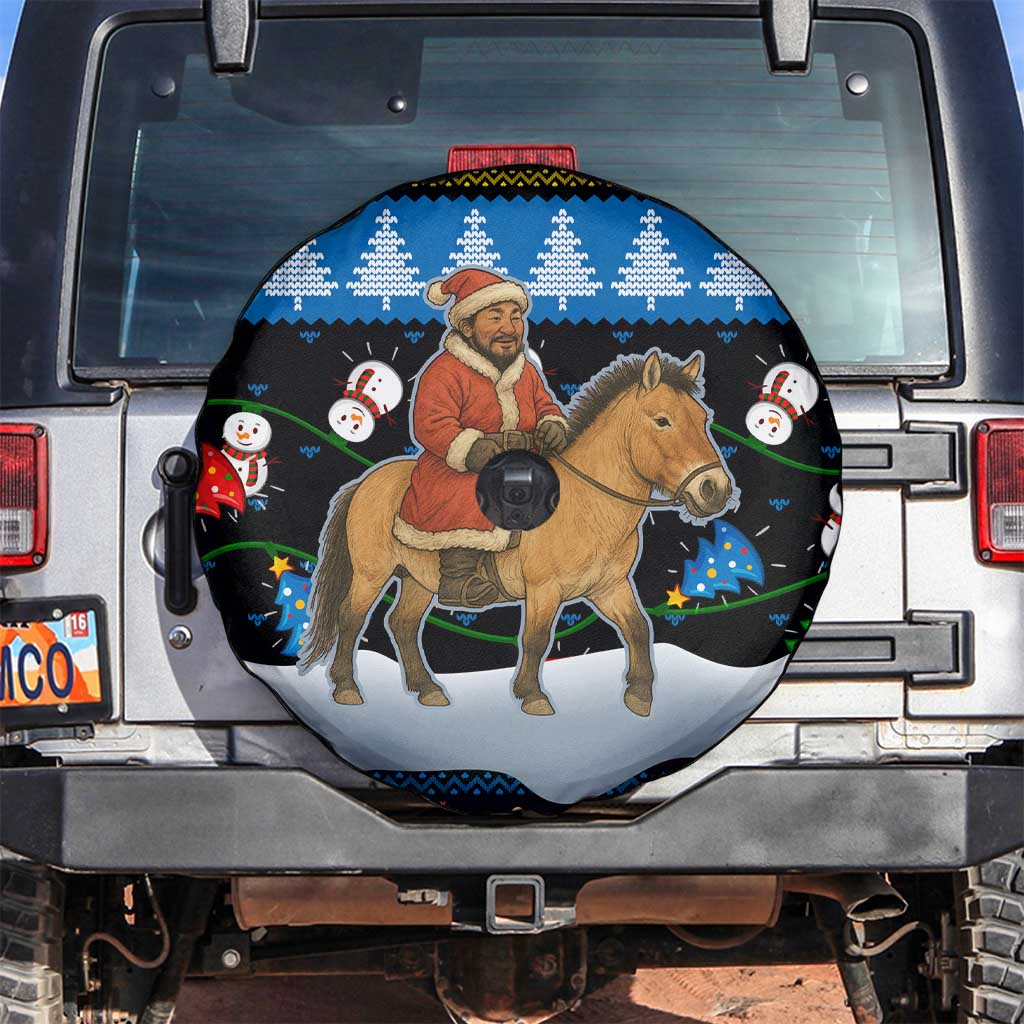 Mongolia Christmas Spare Tire Cover with Santa Riding Horse Snowmen Yurts and Winter Holiday - Wonder Print Shop