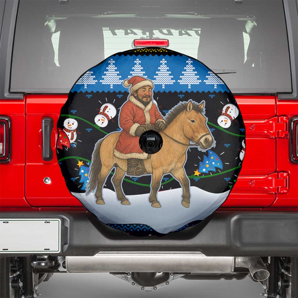 Mongolia Christmas Spare Tire Cover with Santa Riding Horse Snowmen Yurts and Winter Holiday - Wonder Print Shop