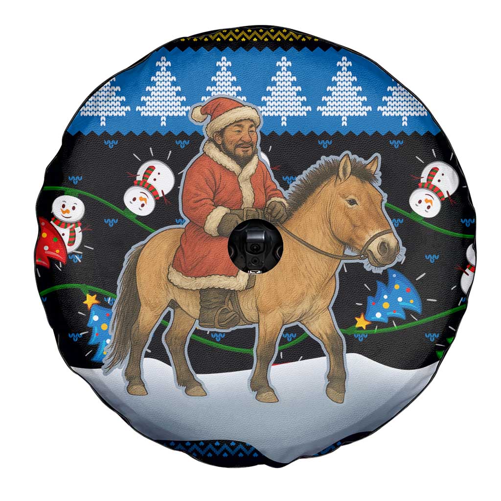 Mongolia Christmas Spare Tire Cover with Santa Riding Horse Snowmen Yurts and Winter Holiday - Wonder Print Shop