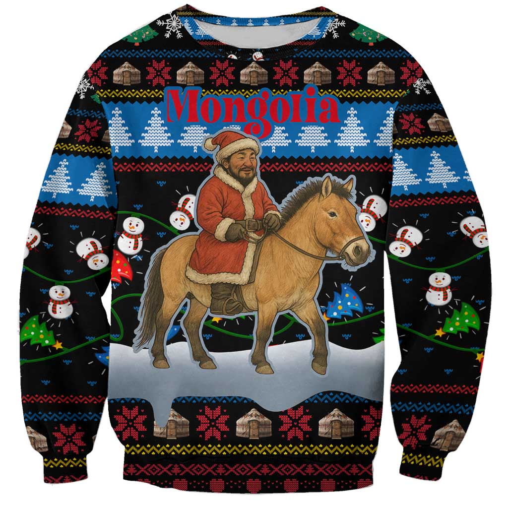 Mongolia Christmas Sweatshirt with Santa Riding Horse Snowmen Yurts and Winter Holiday - Wonder Print Shop