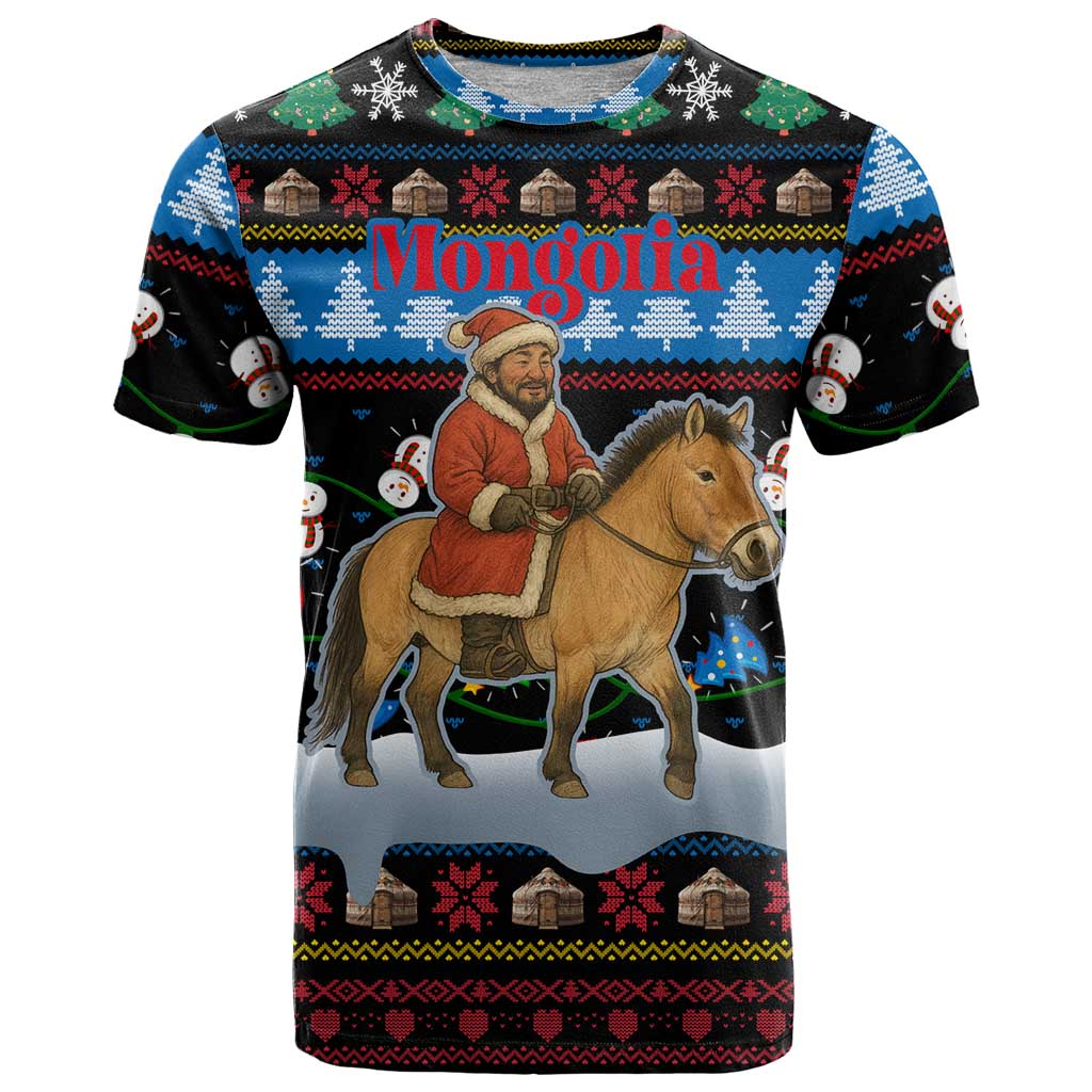 Mongolia Christmas T Shirt with Santa Riding Horse Snowmen Yurts and Winter Holiday - Wonder Print Shop