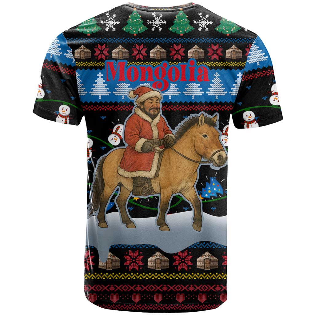 Mongolia Christmas T Shirt with Santa Riding Horse Snowmen Yurts and Winter Holiday - Wonder Print Shop