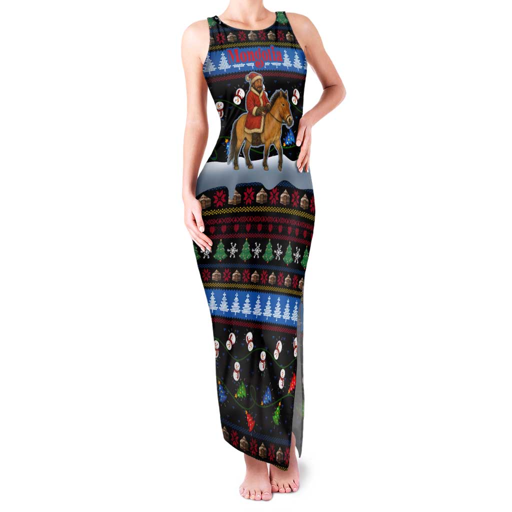 Mongolia Christmas Tank Maxi Dress with Santa Riding Horse Snowmen Yurts and Winter Holiday - Wonder Print Shop
