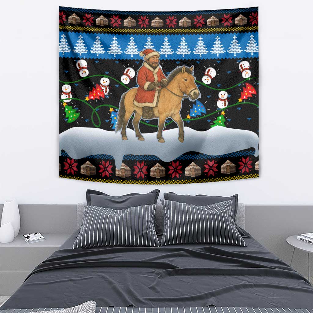 Mongolia Christmas Tapestry with Santa Riding Horse Snowmen Yurts and Winter Holiday - Wonder Print Shop