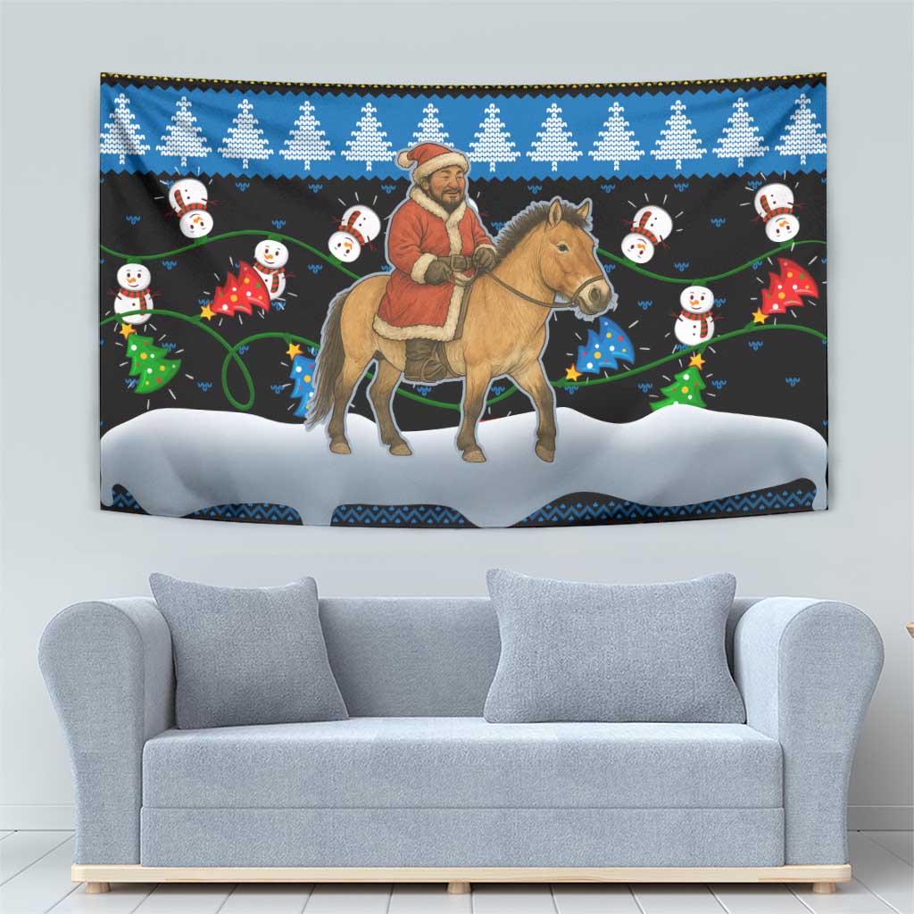 Mongolia Christmas Tapestry with Santa Riding Horse Snowmen Yurts and Winter Holiday - Wonder Print Shop