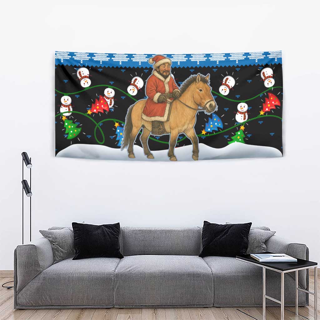 Mongolia Christmas Tapestry with Santa Riding Horse Snowmen Yurts and Winter Holiday - Wonder Print Shop
