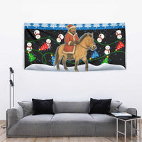Mongolia Christmas Tapestry with Santa Riding Horse Snowmen Yurts and Winter Holiday - Wonder Print Shop