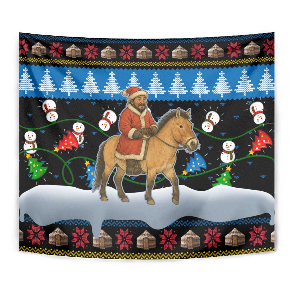 Mongolia Christmas Tapestry with Santa Riding Horse Snowmen Yurts and Winter Holiday - Wonder Print Shop