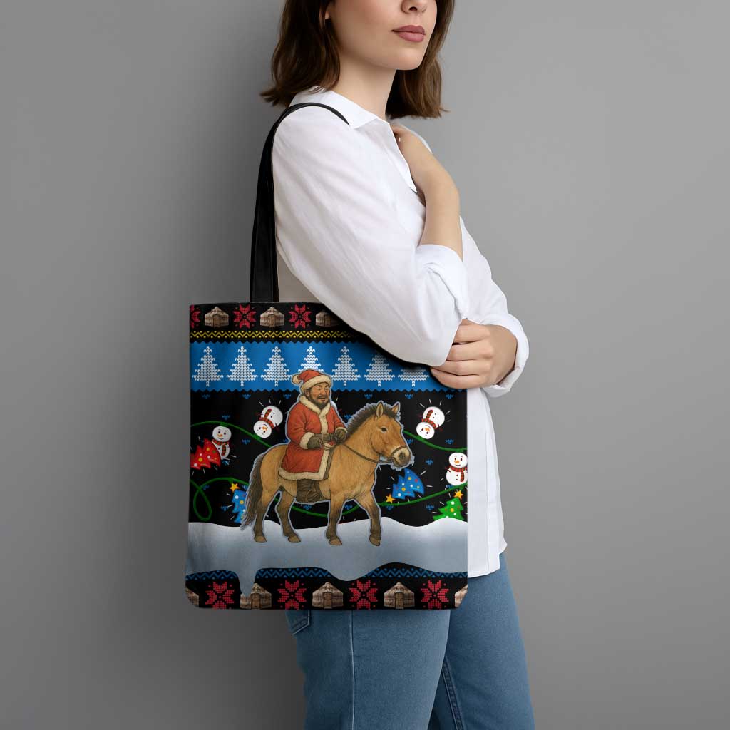 Mongolia Christmas Tote Bag with Santa Riding Horse Snowmen Yurts and Winter Holiday - Wonder Print Shop