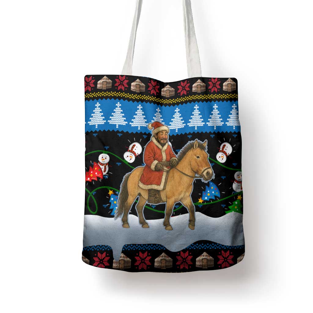 Mongolia Christmas Tote Bag with Santa Riding Horse Snowmen Yurts and Winter Holiday - Wonder Print Shop