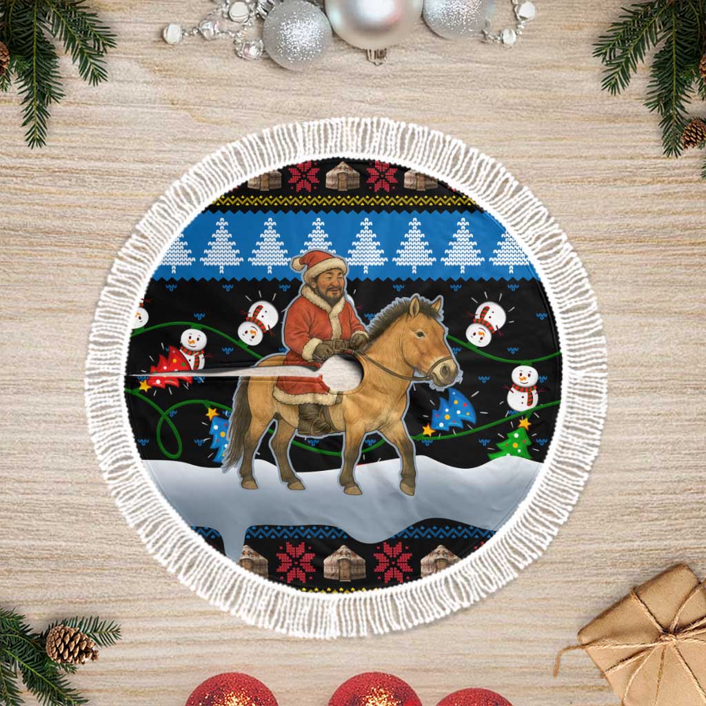 Mongolia Christmas Tree Skirt with Santa Riding Horse Snowmen Yurts and Winter Holiday - Wonder Print Shop