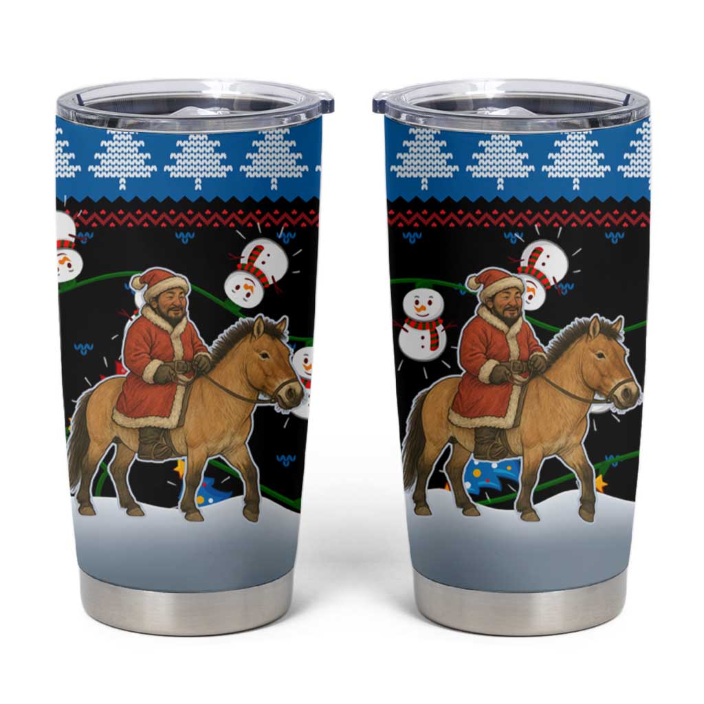 Mongolia Christmas Tumbler Cup with Santa Riding Horse Snowmen Yurts and Winter Holiday - Wonder Print Shop