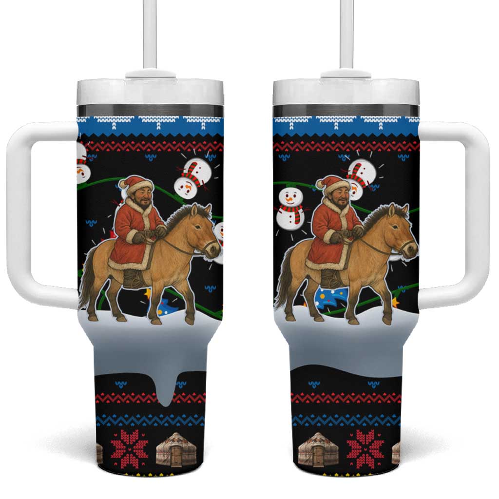 Mongolia Christmas Tumbler With Handle with Santa Riding Horse Snowmen Yurts and Winter Holiday - Wonder Print Shop