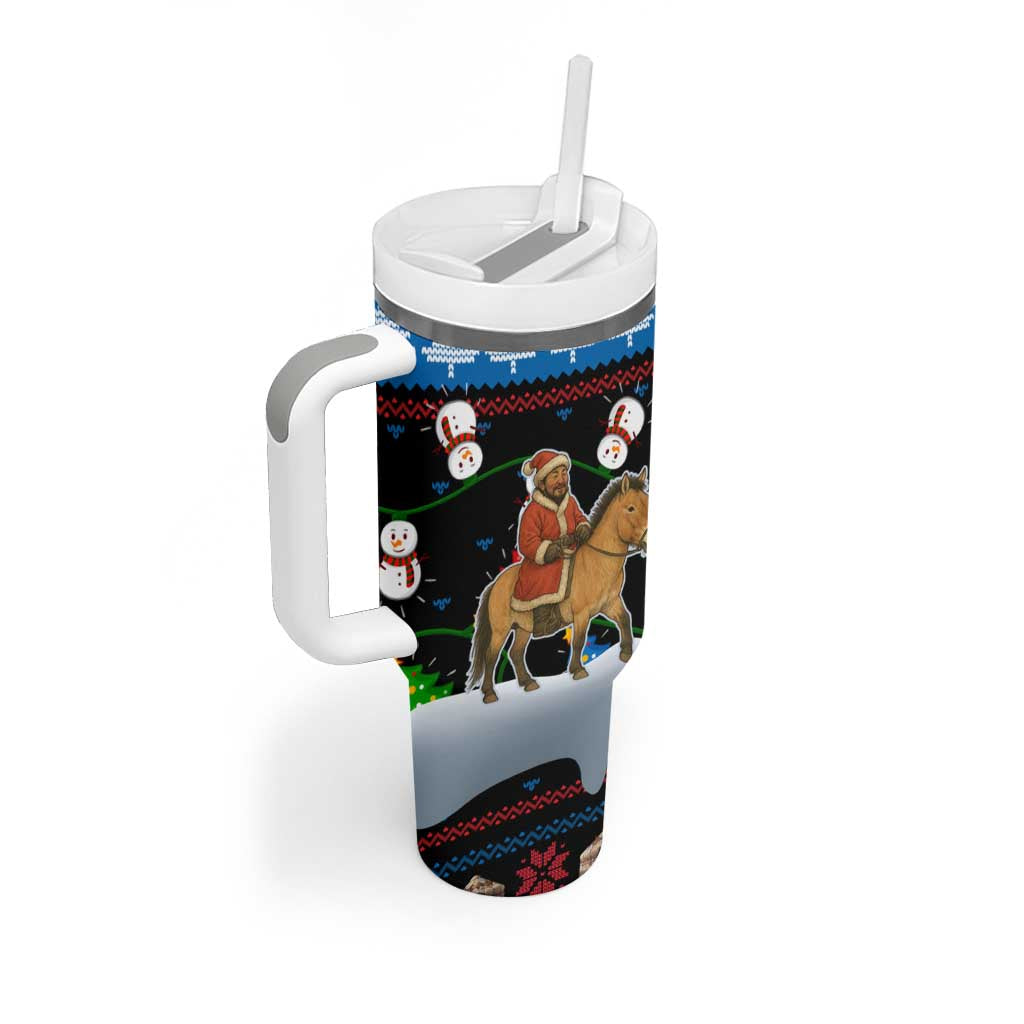 Mongolia Christmas Tumbler With Handle with Santa Riding Horse Snowmen Yurts and Winter Holiday - Wonder Print Shop