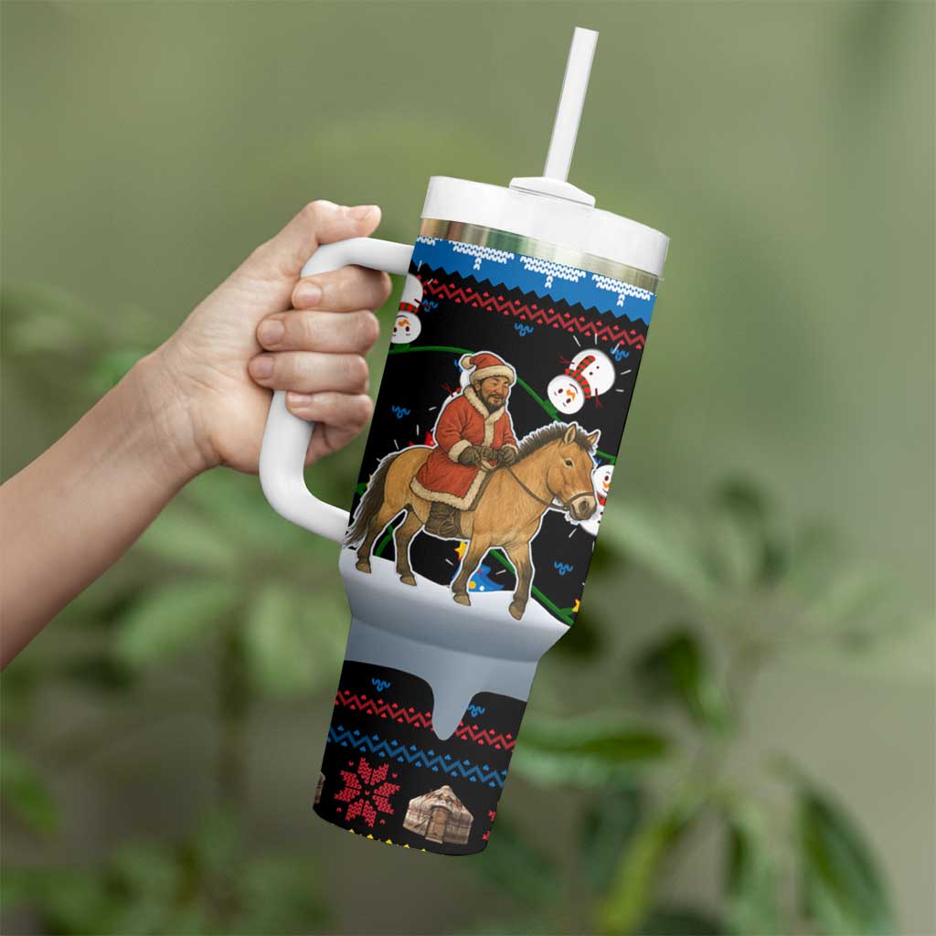 Mongolia Christmas Tumbler With Handle with Santa Riding Horse Snowmen Yurts and Winter Holiday - Wonder Print Shop