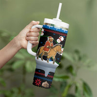 Mongolia Christmas Tumbler With Handle with Santa Riding Horse Snowmen Yurts and Winter Holiday - Wonder Print Shop