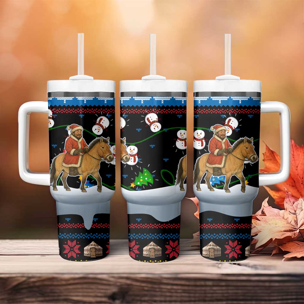 Mongolia Christmas Tumbler With Handle with Santa Riding Horse Snowmen Yurts and Winter Holiday - Wonder Print Shop