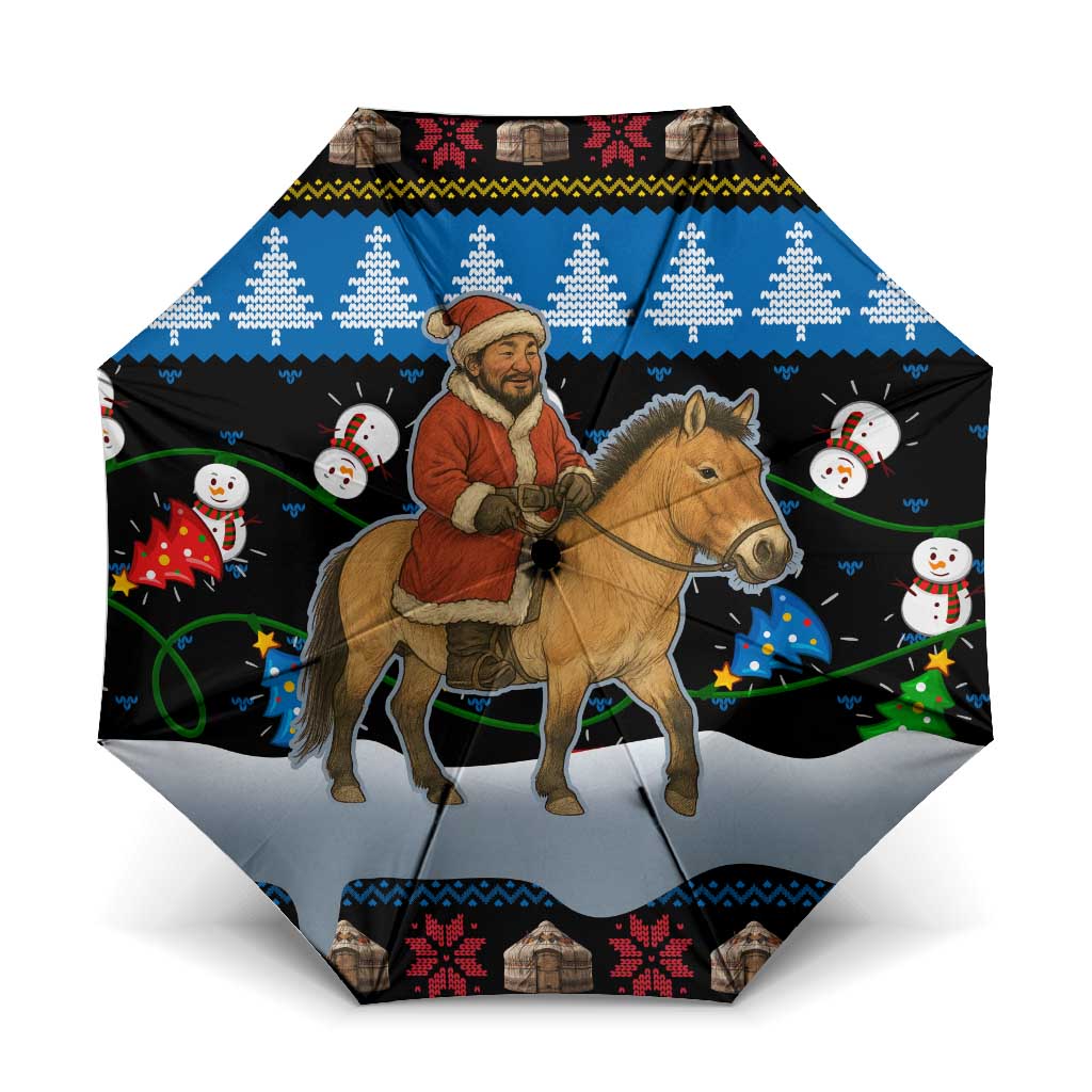 Mongolia Christmas Umbrella with Santa Riding Horse Snowmen Yurts and Winter Holiday - Wonder Print Shop