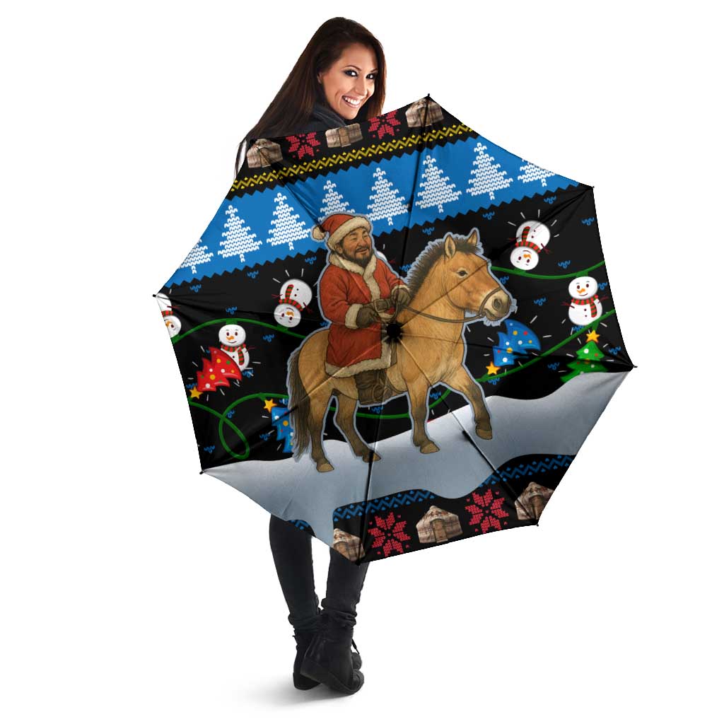 Mongolia Christmas Umbrella with Santa Riding Horse Snowmen Yurts and Winter Holiday - Wonder Print Shop