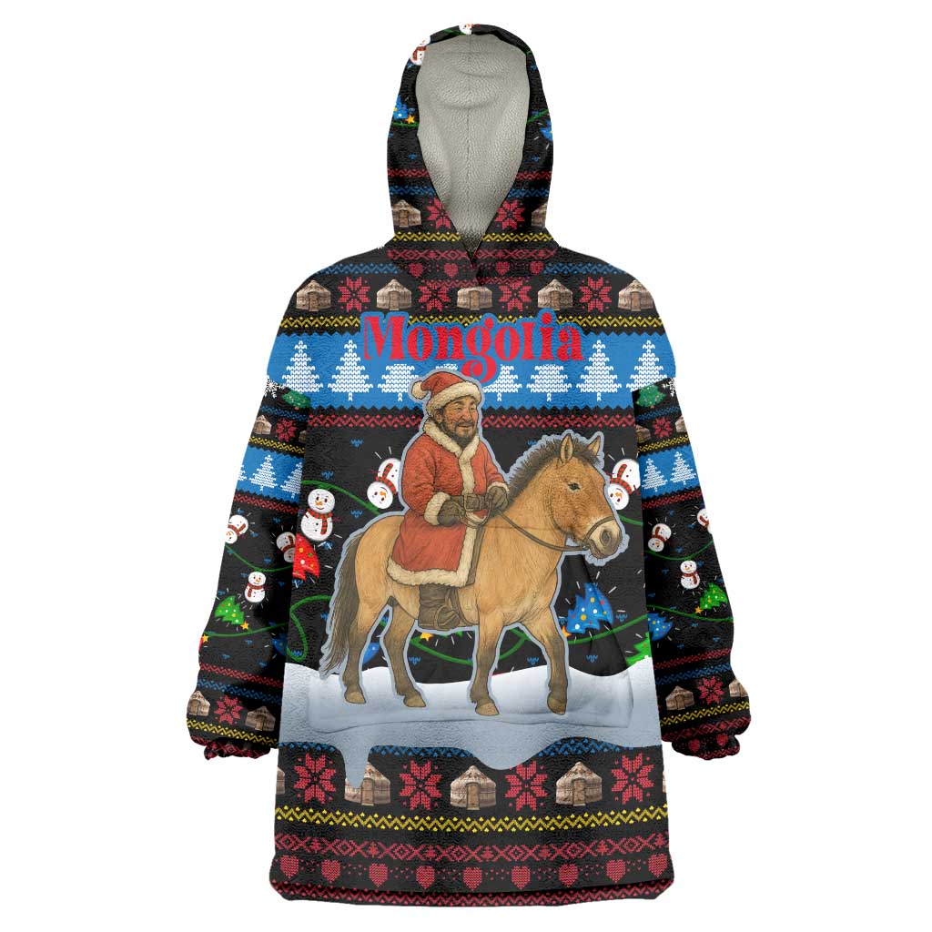 Mongolia Christmas Wearable Blanket Hoodie with Santa Riding Horse Snowmen Yurts and Winter Holiday - Wonder Print Shop