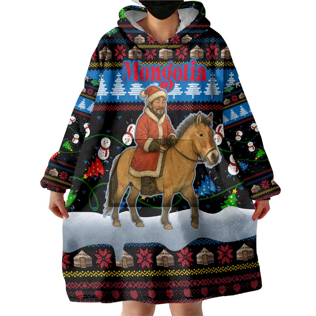 Mongolia Christmas Wearable Blanket Hoodie with Santa Riding Horse Snowmen Yurts and Winter Holiday - Wonder Print Shop