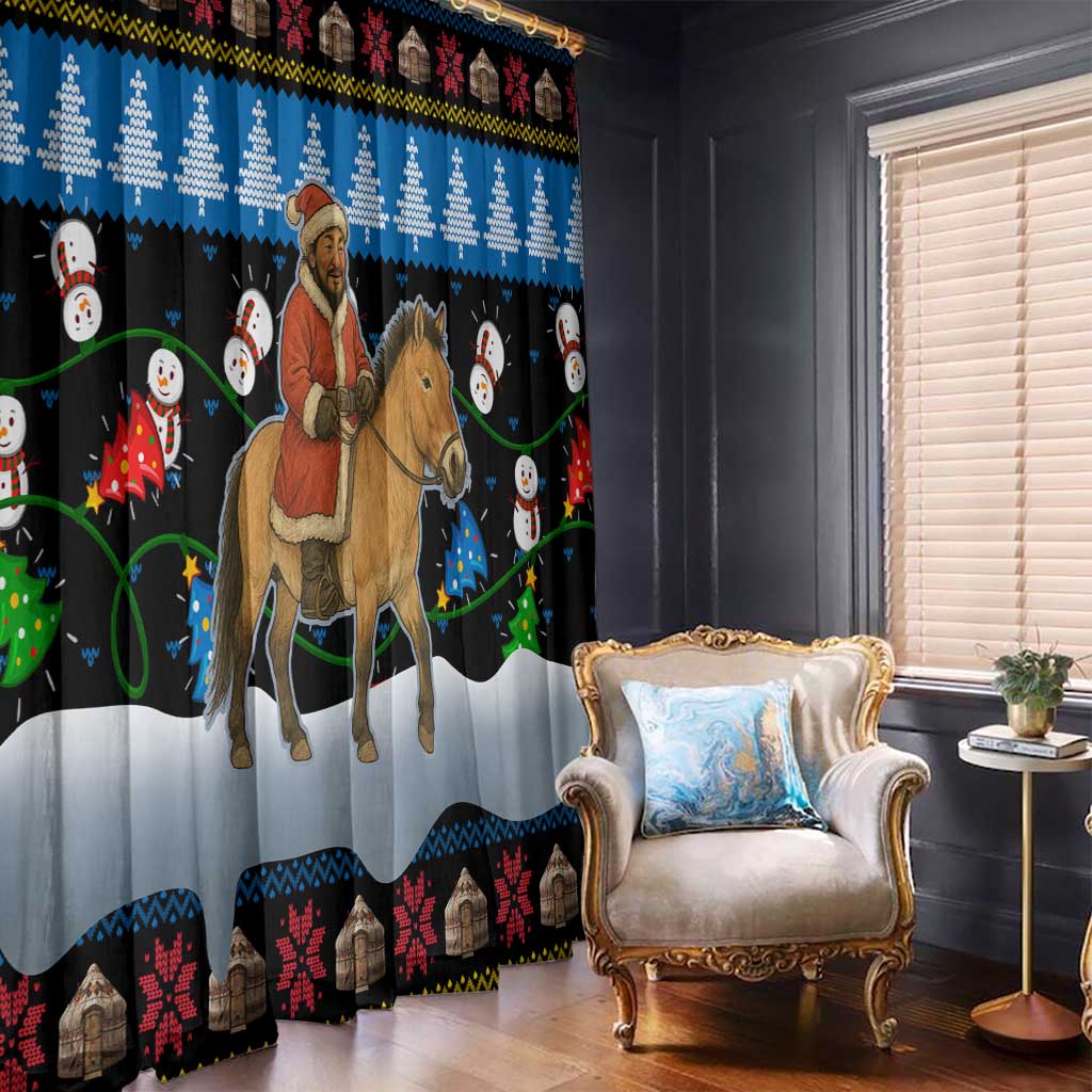 Mongolia Christmas Window Curtain with Santa Riding Horse Snowmen Yurts and Winter Holiday - Wonder Print Shop