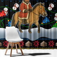 Mongolia Christmas Window Curtain with Santa Riding Horse Snowmen Yurts and Winter Holiday - Wonder Print Shop
