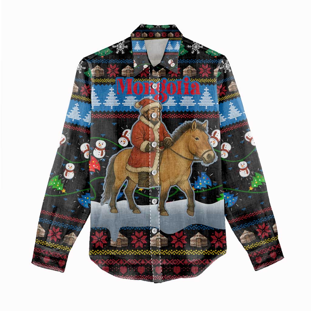 Mongolia Christmas Women Casual Shirt with Santa Riding Horse Snowmen Yurts and Winter Holiday - Wonder Print Shop