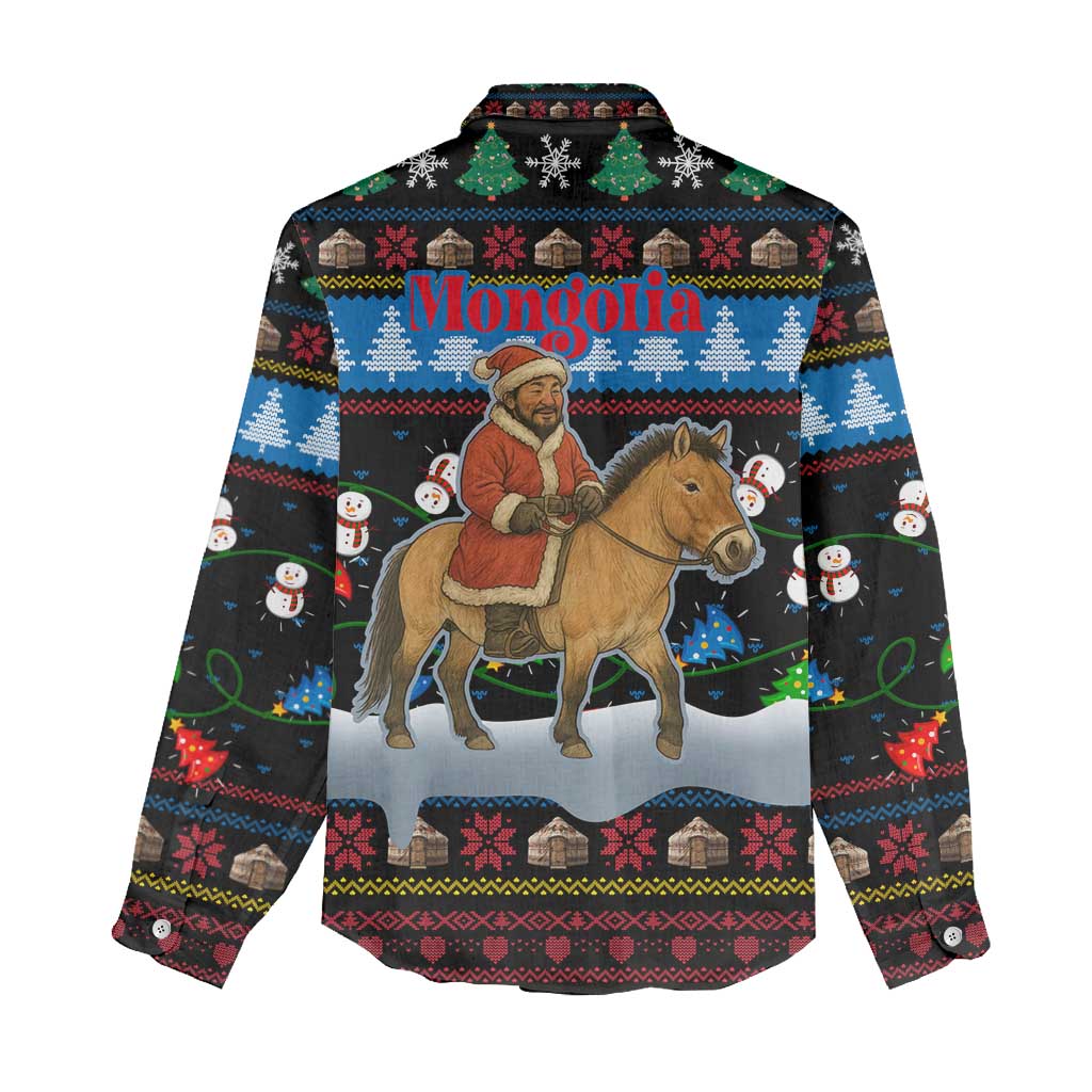 Mongolia Christmas Women Casual Shirt with Santa Riding Horse Snowmen Yurts and Winter Holiday - Wonder Print Shop