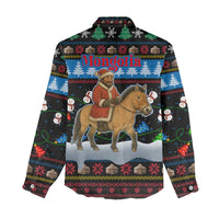 Mongolia Christmas Women Casual Shirt with Santa Riding Horse Snowmen Yurts and Winter Holiday - Wonder Print Shop