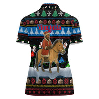 Mongolia Christmas Women Polo Shirt with Santa Riding Horse Snowmen Yurts and Winter Holiday - Wonder Print Shop