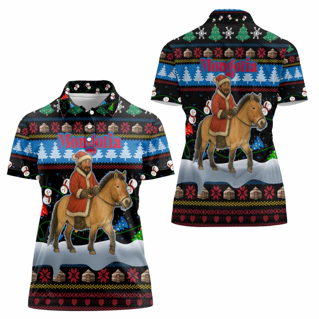 Mongolia Christmas Women Polo Shirt with Santa Riding Horse Snowmen Yurts and Winter Holiday - Wonder Print Shop