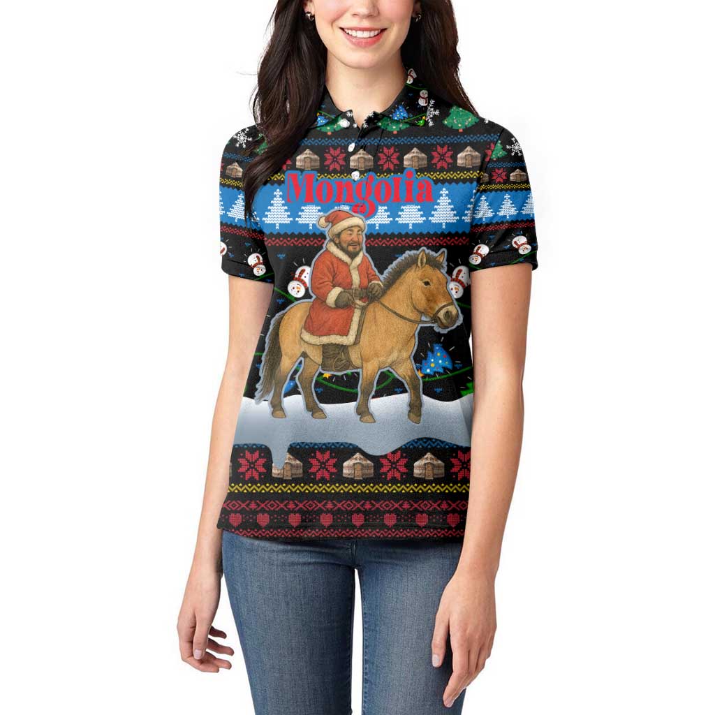 Mongolia Christmas Women Polo Shirt with Santa Riding Horse Snowmen Yurts and Winter Holiday - Wonder Print Shop