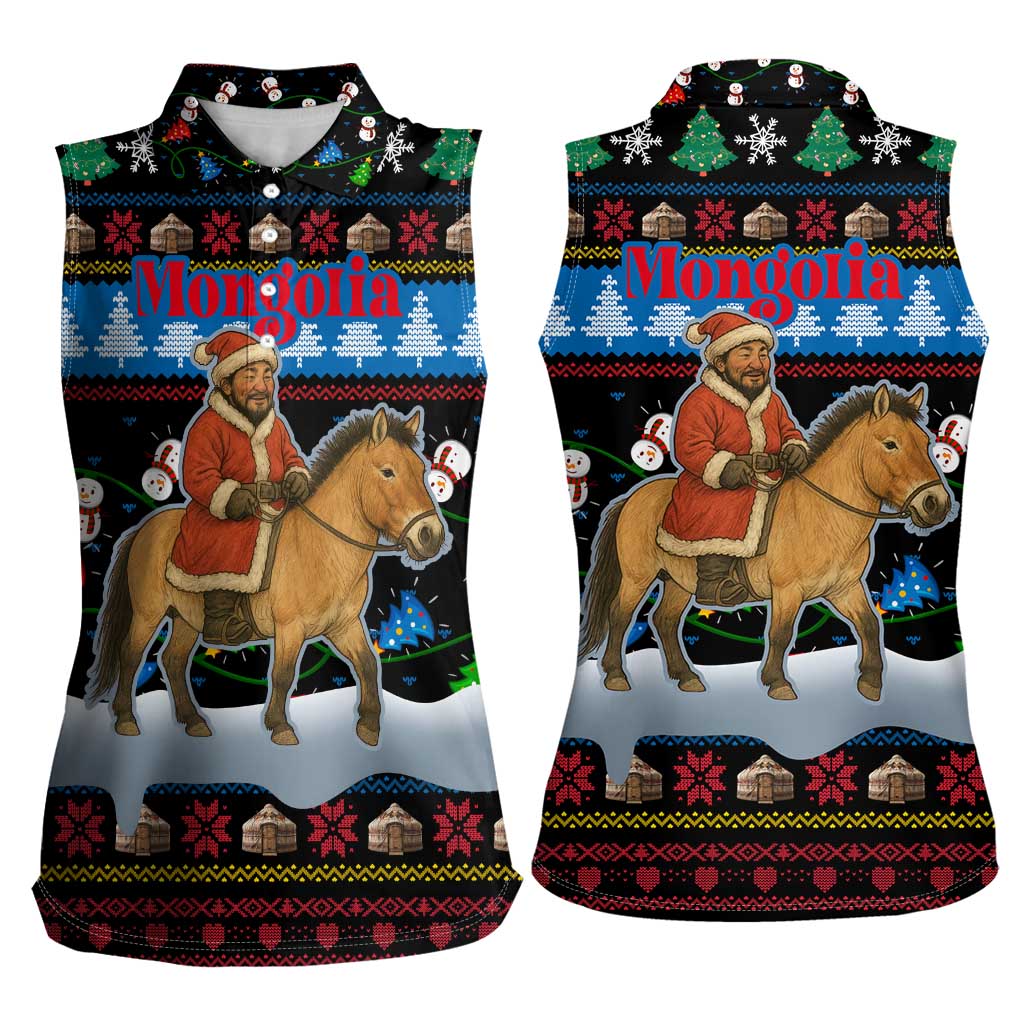Mongolia Christmas Women Sleeveless Polo Shirt with Santa Riding Horse Snowmen Yurts and Winter Holiday - Wonder Print Shop