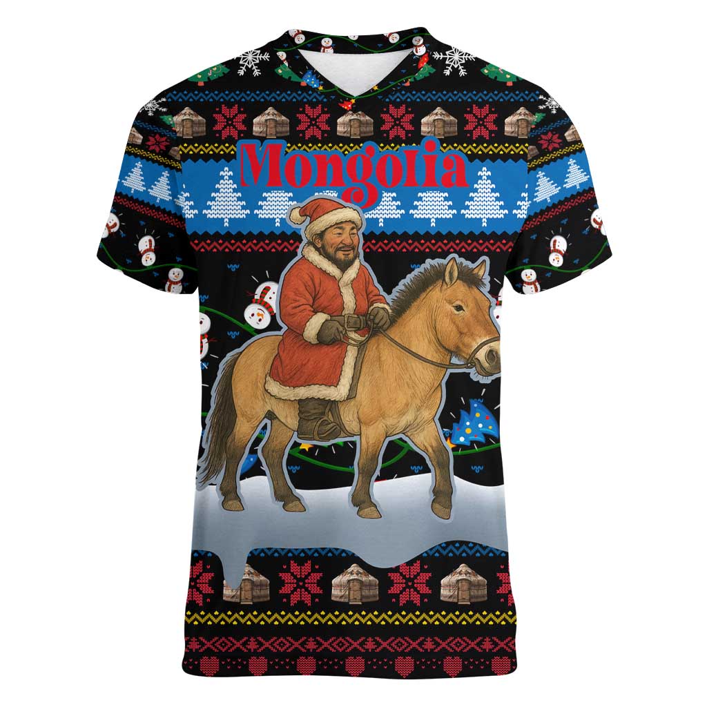 Mongolia Christmas Women V-Neck T-Shirt with Santa Riding Horse Snowmen Yurts and Winter Holiday - Wonder Print Shop