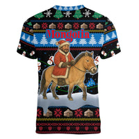 Mongolia Christmas Women V-Neck T-Shirt with Santa Riding Horse Snowmen Yurts and Winter Holiday - Wonder Print Shop