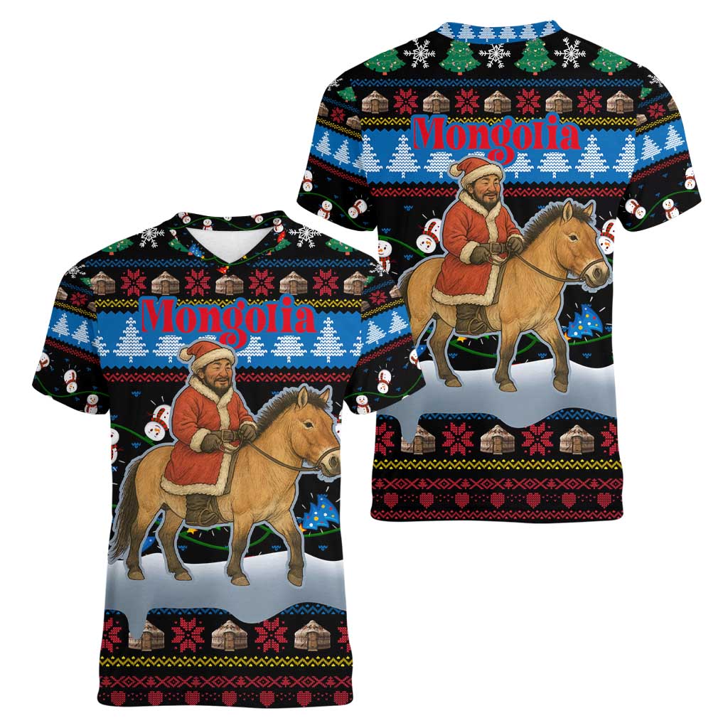 Mongolia Christmas Women V-Neck T-Shirt with Santa Riding Horse Snowmen Yurts and Winter Holiday - Wonder Print Shop