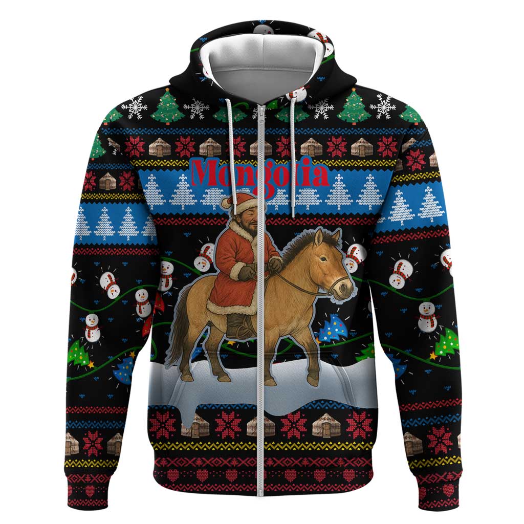 Mongolia Christmas Zip Hoodie with Santa Riding Horse Snowmen Yurts and Winter Holiday - Wonder Print Shop