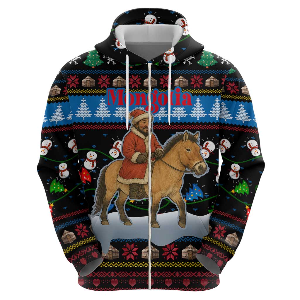 Mongolia Christmas Zip Hoodie with Santa Riding Horse Snowmen Yurts and Winter Holiday - Wonder Print Shop