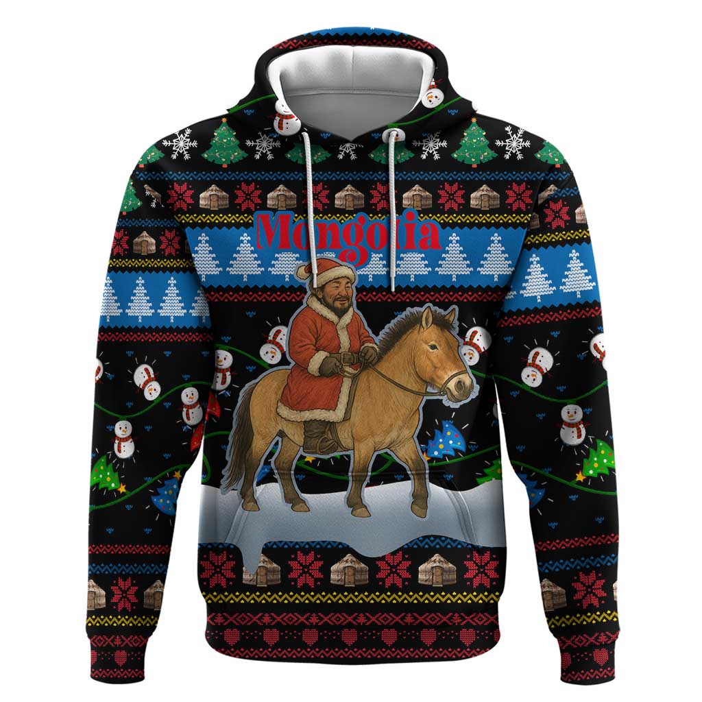 Mongolia Christmas Zip Hoodie with Santa Riding Horse Snowmen Yurts and Winter Holiday - Wonder Print Shop