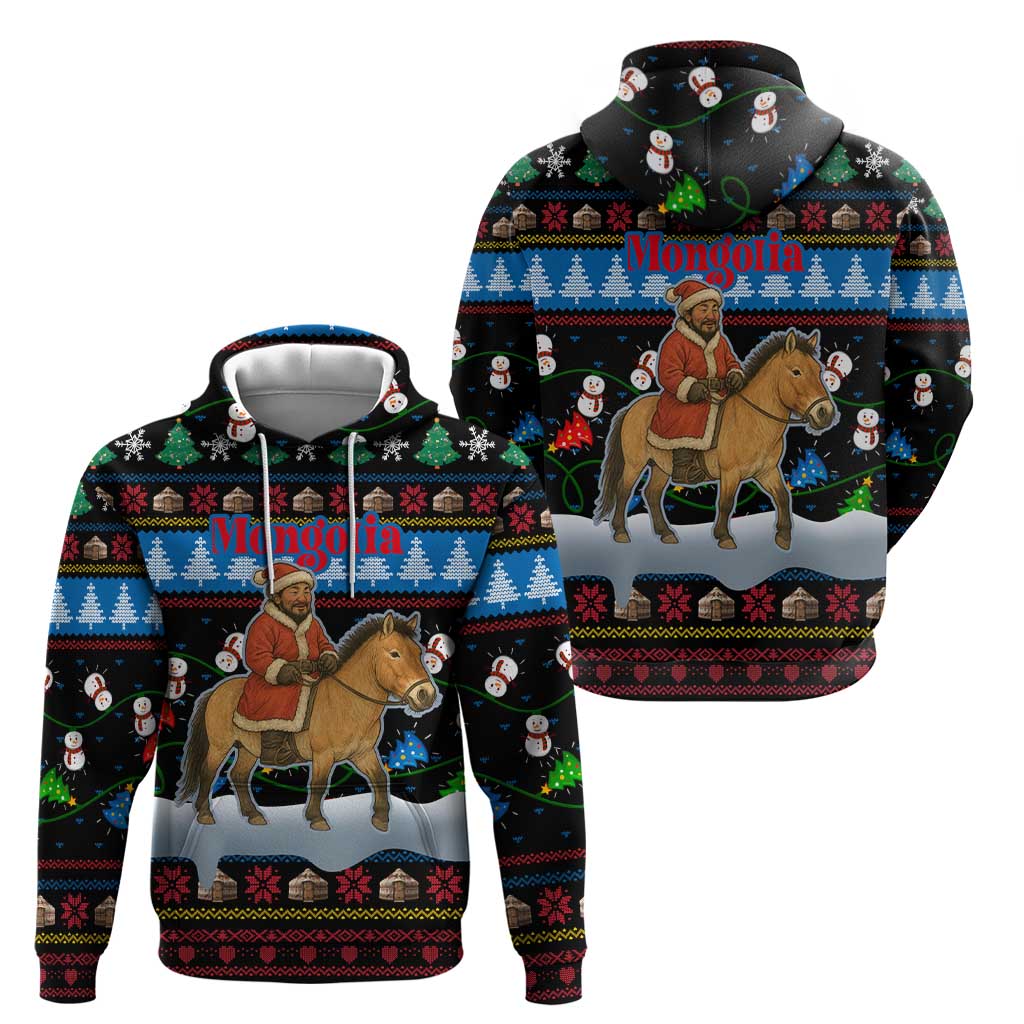 Mongolia Christmas Zip Hoodie with Santa Riding Horse Snowmen Yurts and Winter Holiday - Wonder Print Shop