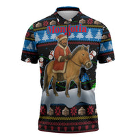Mongolia Christmas Zipper Polo Shirt with Santa Riding Horse Snowmen Yurts and Winter Holiday - Wonder Print Shop