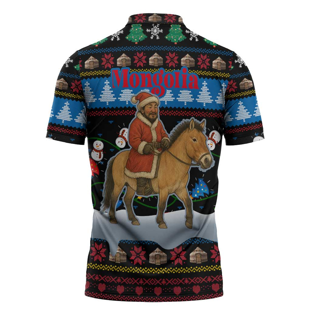 Mongolia Christmas Zipper Polo Shirt with Santa Riding Horse Snowmen Yurts and Winter Holiday - Wonder Print Shop