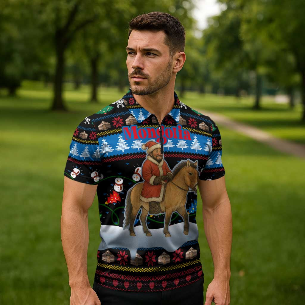 Mongolia Christmas Zipper Polo Shirt with Santa Riding Horse Snowmen Yurts and Winter Holiday - Wonder Print Shop