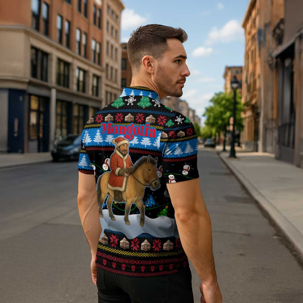 Mongolia Christmas Zipper Polo Shirt with Santa Riding Horse Snowmen Yurts and Winter Holiday - Wonder Print Shop