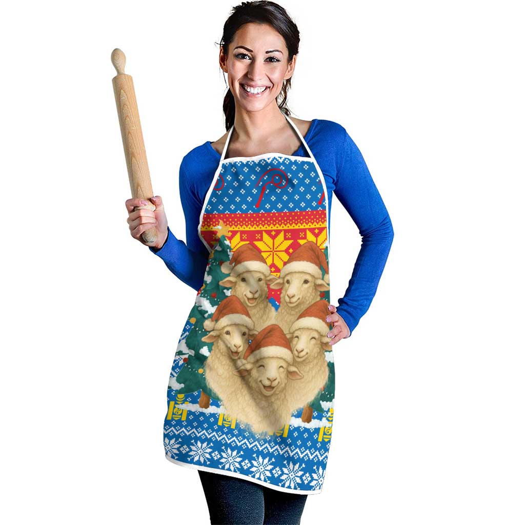 Mongolia Christmas Apron with Santa Sheep Christmas Trees and Snowflake - Wonder Print Shop