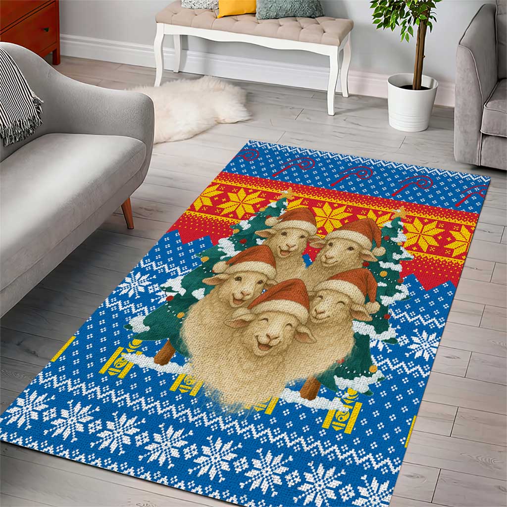 Mongolia Christmas Area Rug with Santa Sheep Christmas Trees and Snowflake - Wonder Print Shop