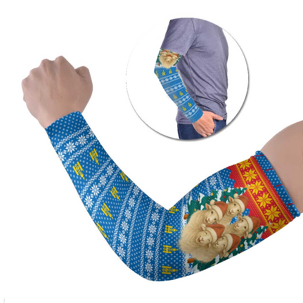 Mongolia Christmas Arm Sleeves with Santa Sheep Christmas Trees and Snowflake - Wonder Print Shop