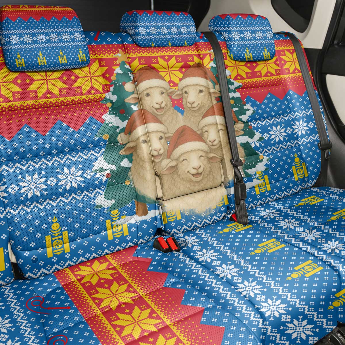 Mongolia Christmas Back Car Seat Cover with Santa Sheep Christmas Trees and Snowflake - Wonder Print Shop