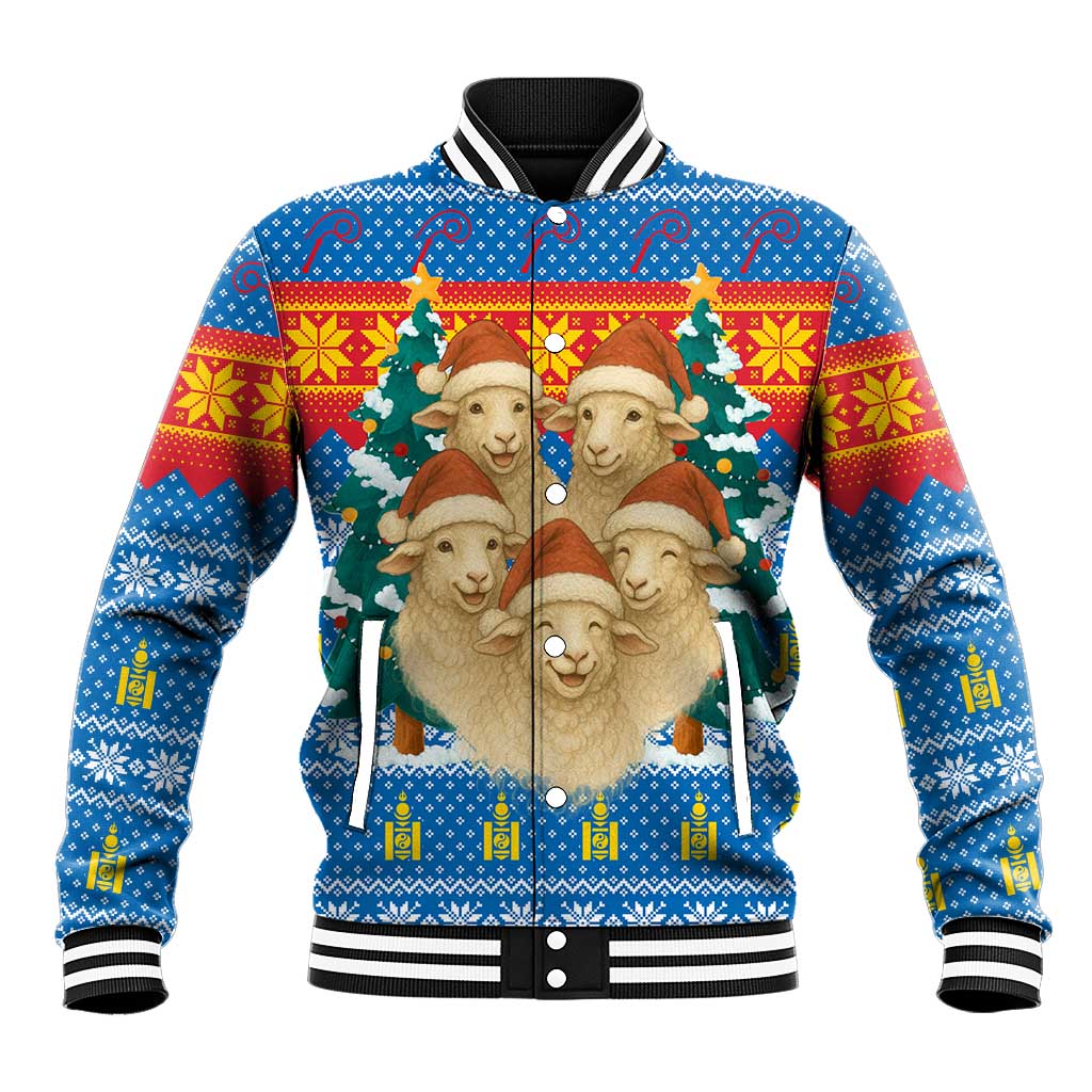 Mongolia Christmas Baseball Jacket with Santa Sheep Christmas Trees and Snowflake - Wonder Print Shop